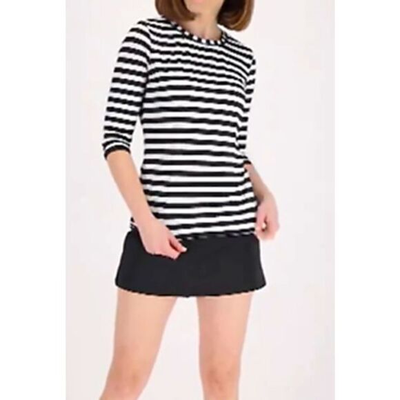 D-227 Denim & Co Beach Crew Neck Rash Guard Tankini with Skirt BLACK STRIPE sz 2 - Picture 1 of 1